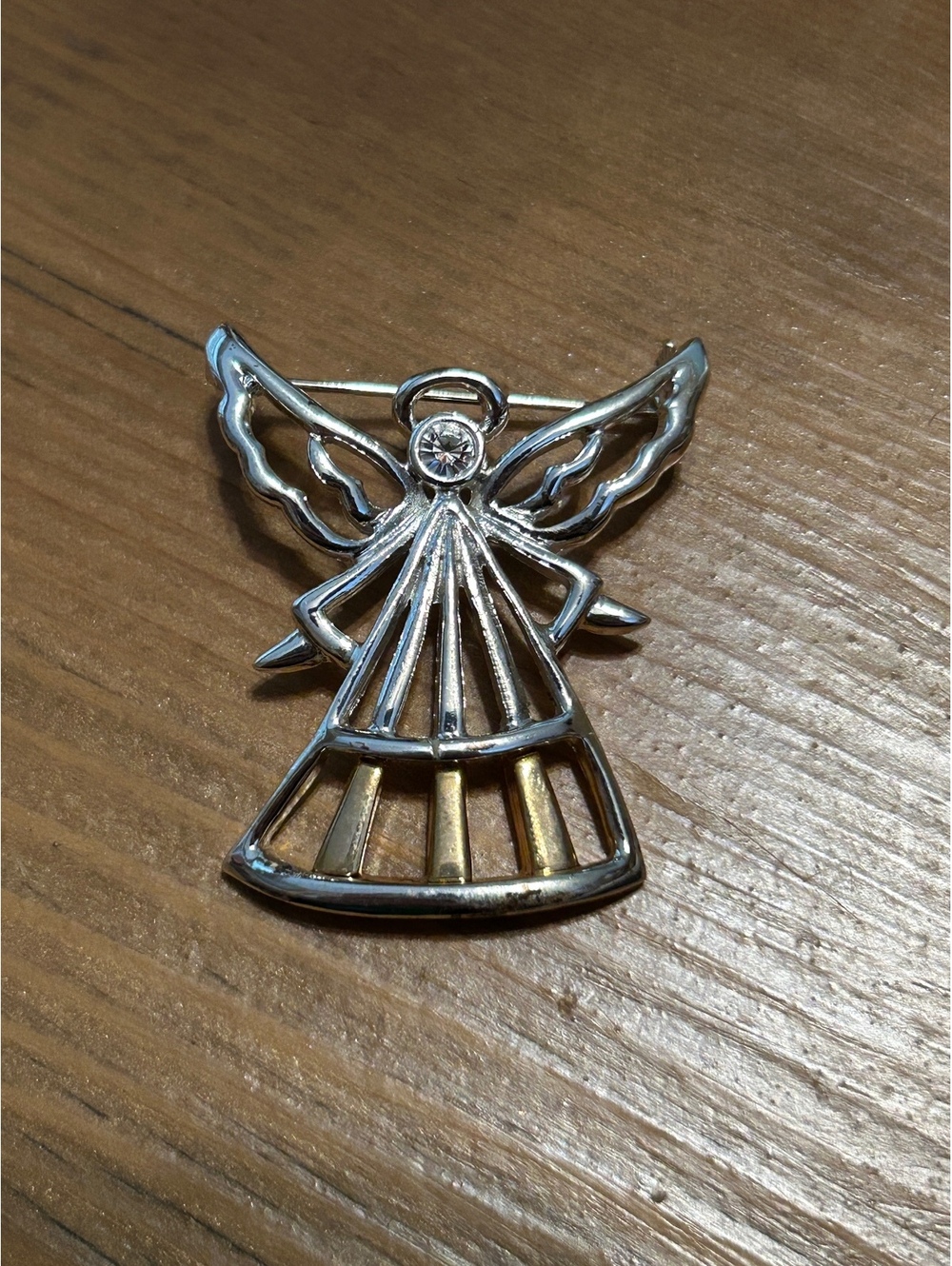 Vintage Two-Tone Angel Brooch Pin with Rhinestone Accent